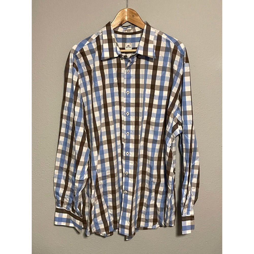 Men's Plaid Button-Up Shirt in Blue, Brown & White